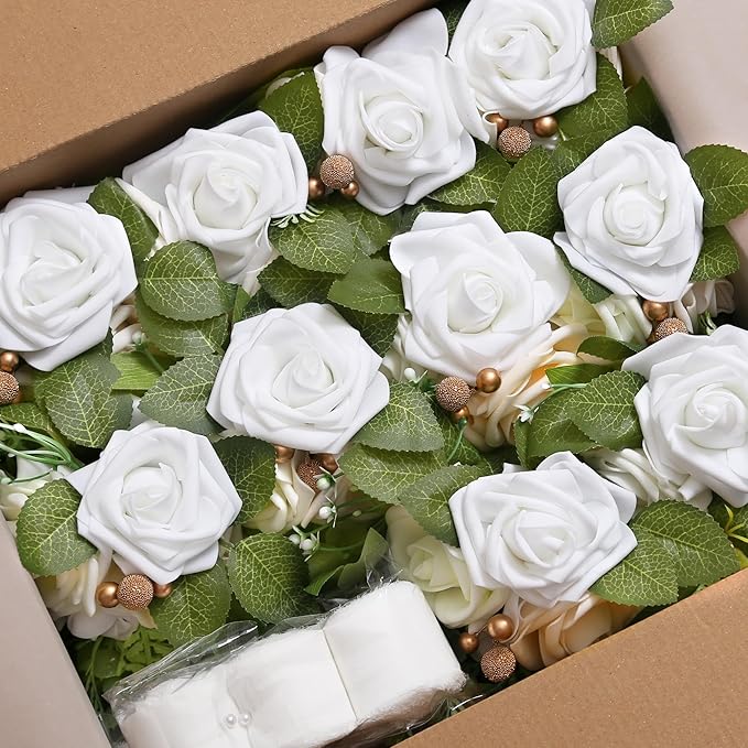 DORIS HOME Wedding Chair Decorations White Pew Flowers Set of 10 for Wedding Ceremony Party Aisle Decor with Artificial Flowers Eucalyptus and Ribbons