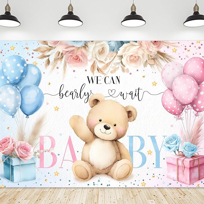 Riyidecor Bear Gender Reveal Backdrop Polyester Fabric We Can Bearly Wait Boho Floral Pampas Grass Rose Flowers 7Wx5H Feet Balloon Baby Shower Photography Background He or She Photo Studio Shoot