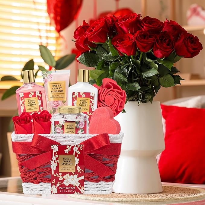 Christmas Gifts for Women - 9 Pcs Rose Bath and Body Gift Basket Set for Women, Spa Gift Set with Shower Gel | Pampering Gifts for Valentine's, Birthday, Mothers Day Gifts for Mom, Gift Sets for Her