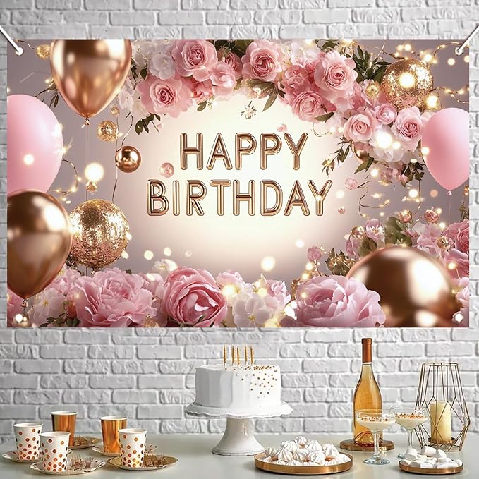 Pink Rose Happy Birthday Backdrop Banner Gold Glitter Crown Photography Background Women Girls Birthday Party Decoration Balloon Gift Floral Banner Photo Booth Props 71x43 Inch