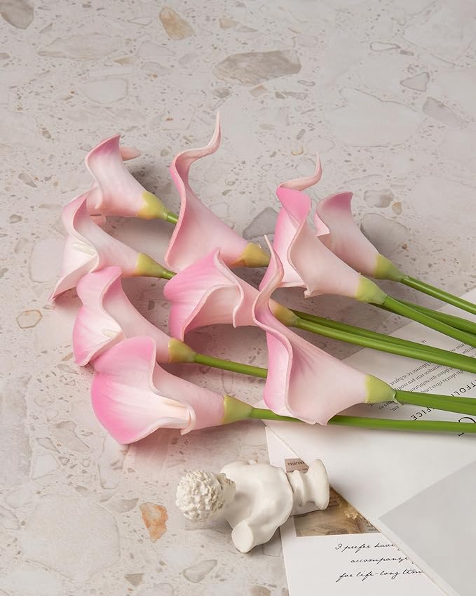 DuHouse 20Pcs Artificial Calla Lily Flower Real Touch Latex Flowers for DIY Wedding Bouquet Party Home Decor (White Pink)