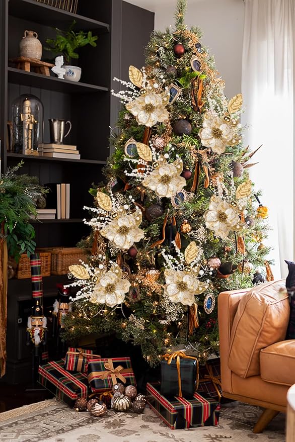 Briful 2PCS Christmas Glitter Magnolia Flowers Picks and Spray with Christmas Balls Ornament Berries Gold Leaves Branches for Xmas Tree Wreath Vase Centerpiece Floral Arrangement (White Gold)
