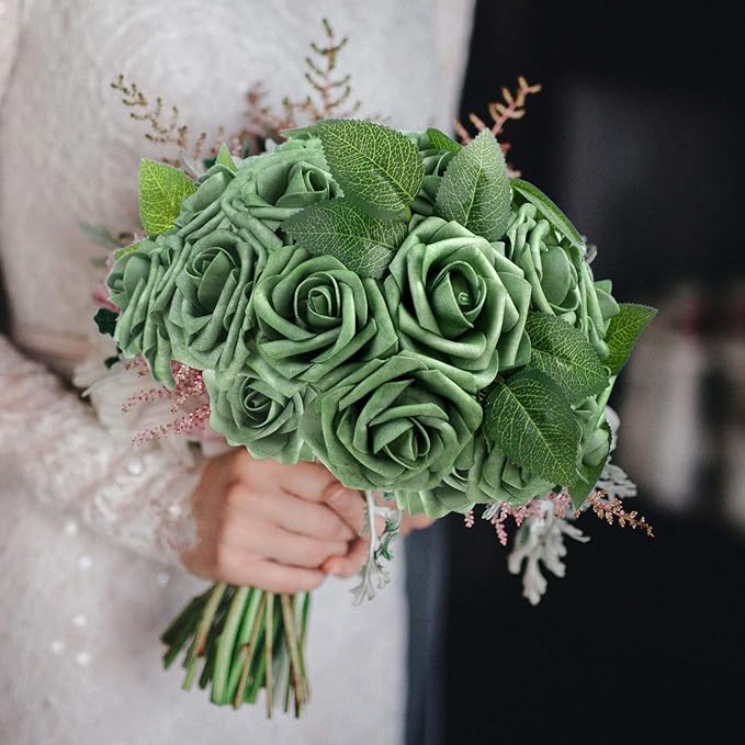 100 Pieces Artificial Foam Rose Flowers Faux Bouquet with Leaves and Stems for DIY Wedding Bouquets Centerpieces Bridal Shower Party Valentine Home Decorations(Elf Green)