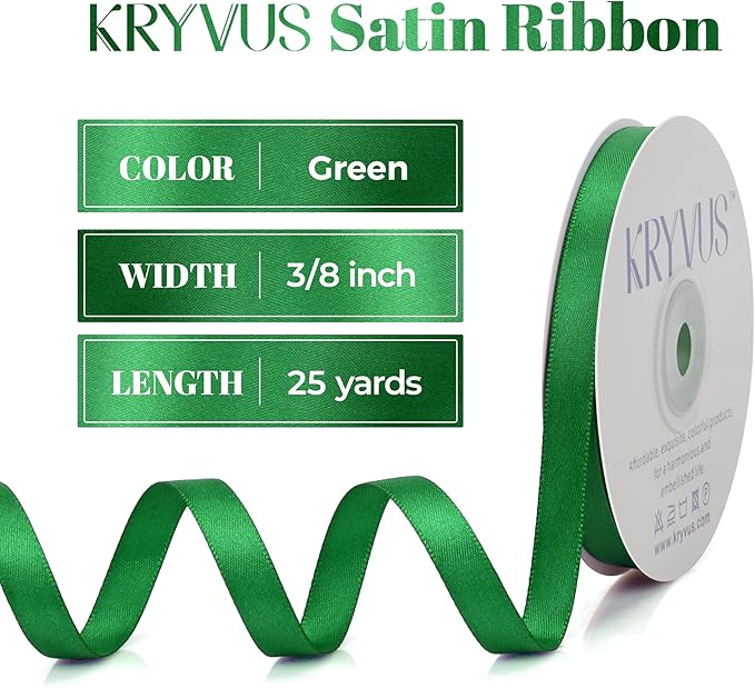 Green Satin Ribbon, Double Faced 3/8 Inch X 25 Yards Green Ribbon, Premium Satin Ribbon for Gift Wrapping, Crafts, Hair Bow Making, Sewing, Flower Bouquet, Wedding Party Decor