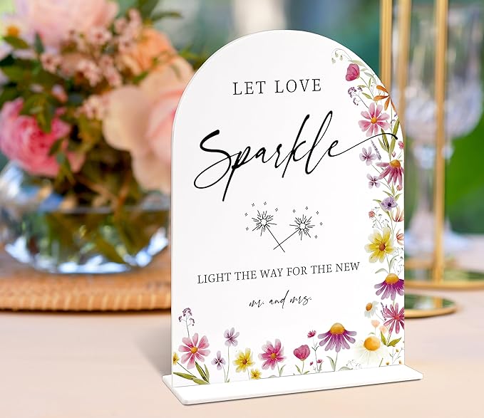Wedding Sparklers Send Off Sign 6x8 Inch, Wild Flower Arch Acrylic Wedding Signs for Reception, Love Is In Bloom Bridal Shower Floral Engagement Party Decorations