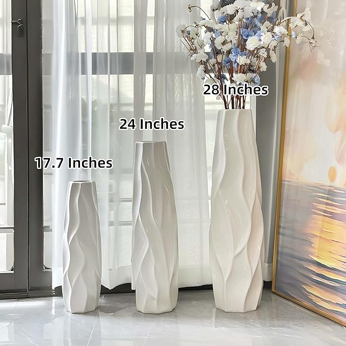 Large Floor Ceramic Tall Vase 28 Inches,White Modern Flower Tall Vases for Office, Home,Farmhouse,Living Room Décor,Simple Origami Design Fall Decorative Porcelain Flower Arrangement Vase Ideal Gift