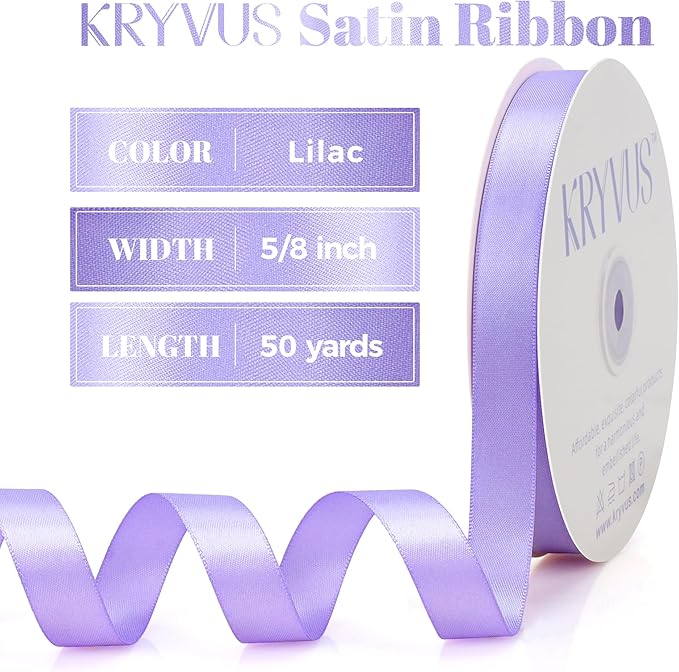 Premium Lilac Satin Ribbon, Double Faced 5/8 Inch X 50 Yards, Polyester, Wedding, Birthday, Holidays, Special Occasions, Purple