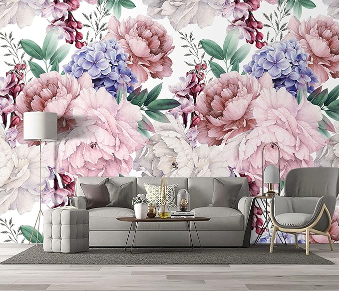 Pink Peony Floral Wallpaper Bedroom Botanical Flowers Leaf murals Aesthetic Room Decor Living Room tv Background Large Wall Mural - 137"x96" Not Peel and Stick