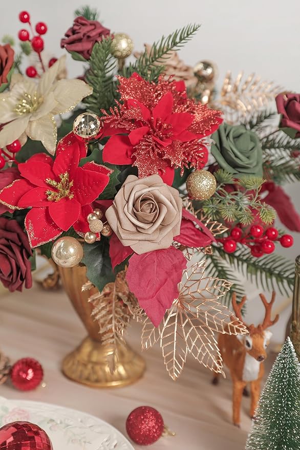 Christmas Flowers Artificial,Red Poinsettias Artificial Christmas Flowers and Greenery Deluxe Combo Set for DIY Tree Ornaments Xmas Wreath Floral Arrangements Centerpieces