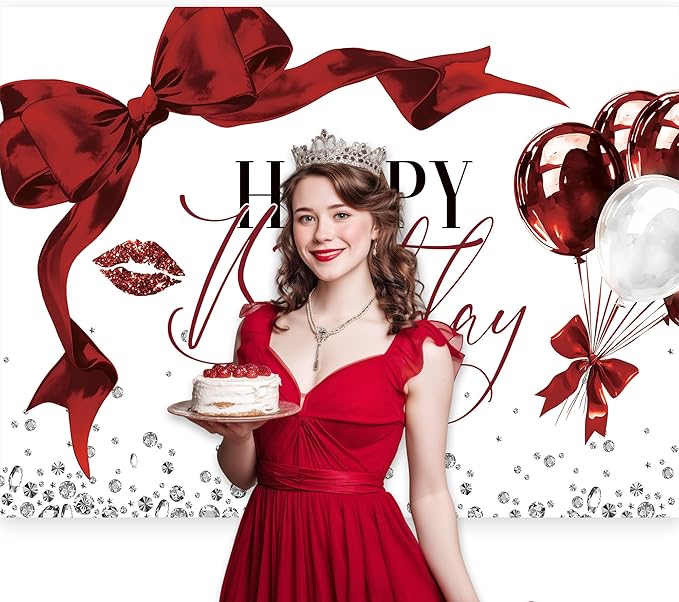 Burgundy Bow Backdrop 8Wx6H Photography Girls Coquette Happy Birthday Decorations Lips Diamond Balloons Background Women Bachelorette Party Decorations Banner Photo Booth Props Supplies