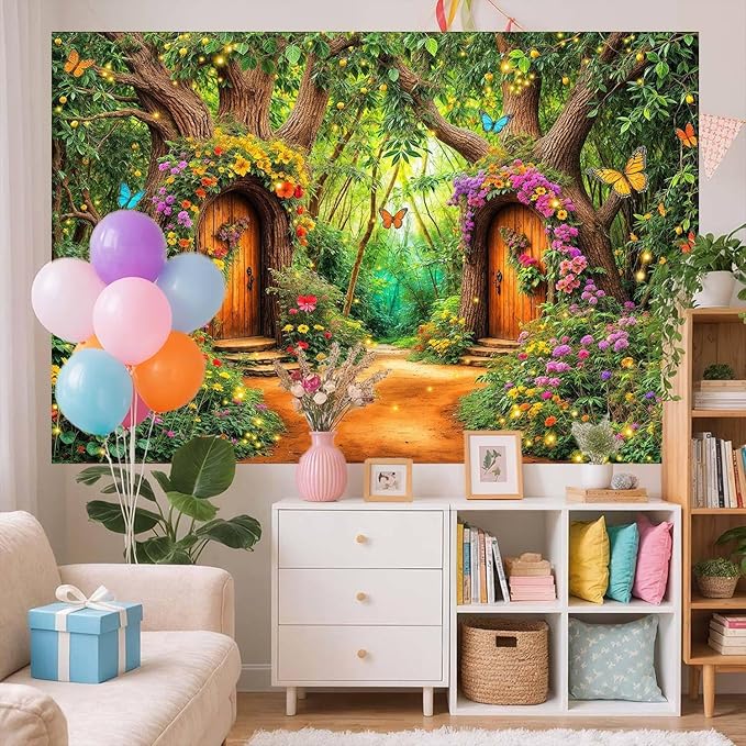 10X8ft Enchanted Forest Backdrop Fairy Tale Green Garden Wonderland Tree House Floral Butterfly Background for Kids Girl Baby Shower Birthday Party Decoration Banner Cake Table Photo Booth Props