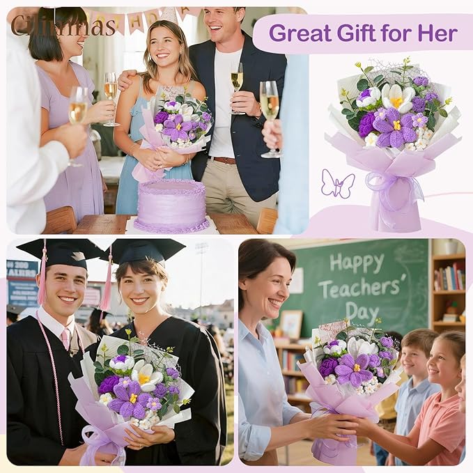 Cilimnas Crochet Flower Bouquet,Purple Knitted Flowers, Handmade Tulips Roses Bouquet for Birthday Party Mother's Day Graduation Gifts