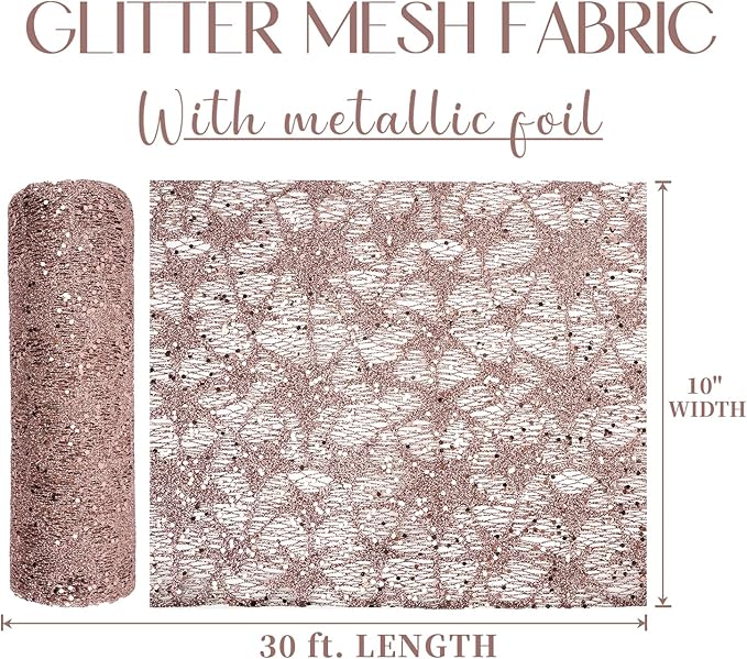 MEEDEE Rose Gold Glitter Mesh Star Web Ribbon 10 Inch Wide by 10 Yards Roll Rose Gold Fabric Ribbon Decorative Mesh Ribbon for Christmas Tree, Garland, Wreaths, Bows, Home Decor