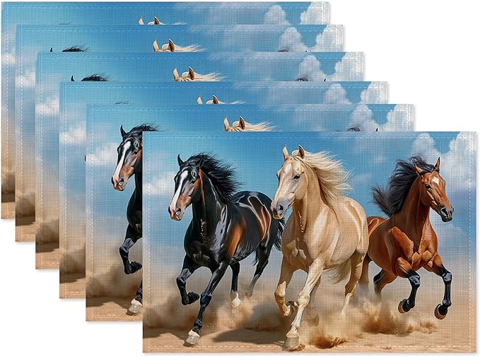 Running Horse Placemats Set of 6,Waterproof Heat Resistant Dining Table Plate Mat for Home Kitchen Dining Table 12x18Inch