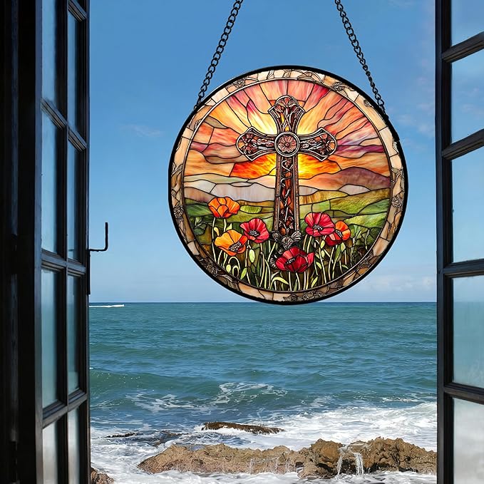 Christian Gifts for Women - Cross Stained Glass Window Hanging Jesus Easter Poppy Sunset Landscape Sun Catcher Garden Religion Decor Mother's Day Catholic Gift for Men Grandma Mom Her 9.8"