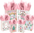 qiqee 10PCS Christmas White Gift Bags with Pink Polar Bear Design(2PCS Large 5.5"x10.2"x13", 4PCS Medium 4.3"x 7.7"x 9.6", 4PCS Small 2.4"x 4.7"x 6.3", 30PCS Tissue Paper included)