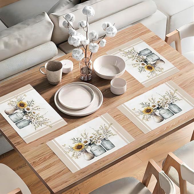 Farmhouse Sunflower Placemats Set of 4, Rustic Daisy Place Mats, Country Dining Table Mats, Washable Spring Placemats for Kitchen Dining Room Home Decor 18L'' × 12W''