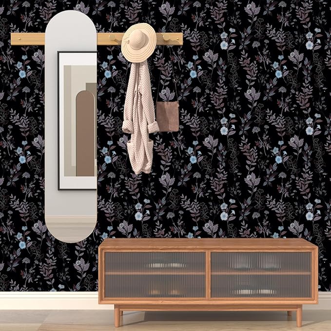 Vintage Floral Wallpaper Peel and Stick Brown Taupe Leaf Contact Paper 17.4" X 118" Moody Wallpaper Waterproof Self-Adhesive Dark Black Wall Covering for Bedroom Countertop Desk Cabinets Decor