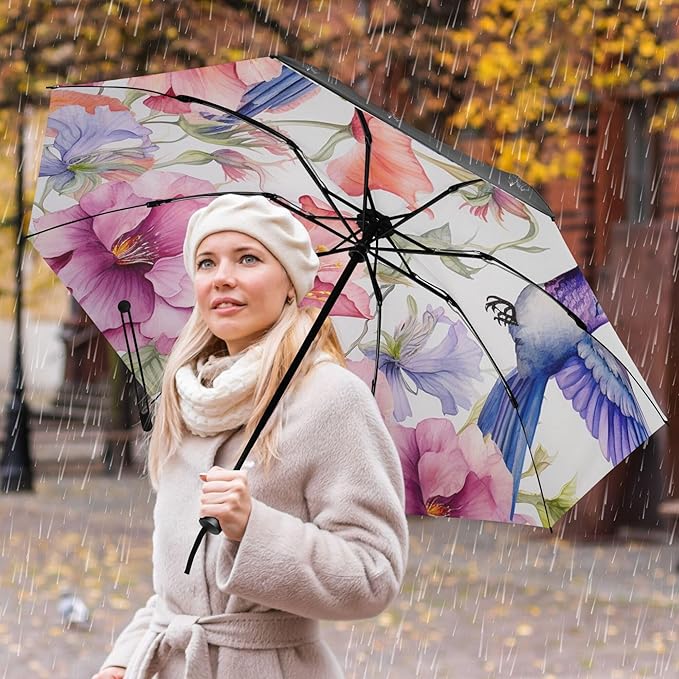 Automatic Folding Umbrella Windproof Strong, UV Protection Compact Floral Hydrangea Hummingbird Sun Rain Sun Rain Travel Umbrellas for Women Men