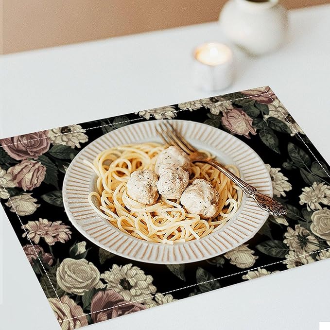 Floral Placemats Set of 4, 17x12 Inch Vintage White Pink Rose Flower Spring Plant Boho Art Print Table Mats for Home Party Kitchen Dining Decor