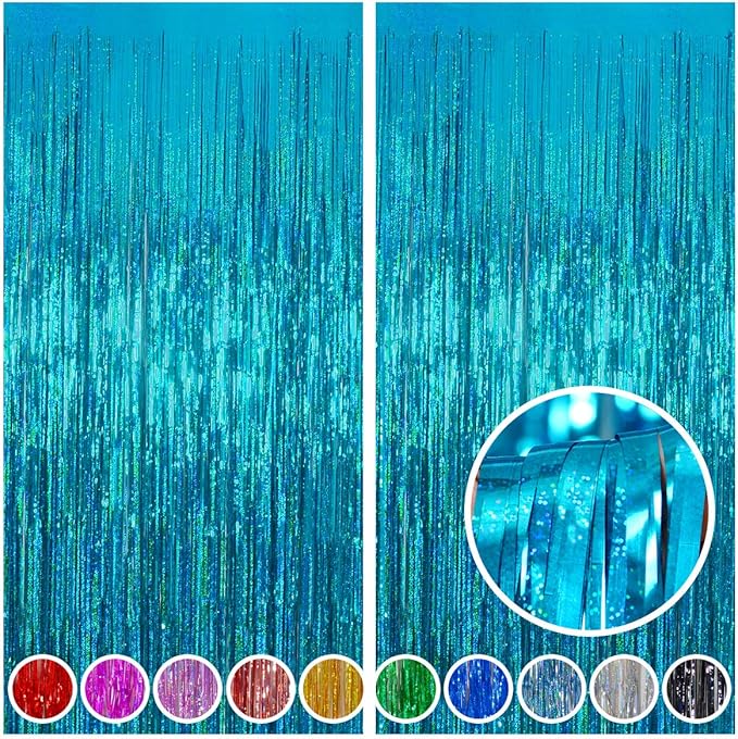 Melsan 2 Pack 3.2 ft x 8 ft Teal Tinsel Foil Fringe Curtains Backdrop, Blue Sparkle Metallic Foil Curtains for Ocean Birthday Party Decorations