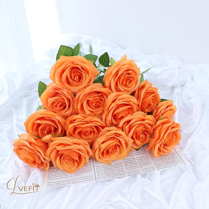 50pcs Artificial Rose Flower Orange Rose Orange Flower with Long Stem Silk Roses Bouquet for Wedding Bridal Shower Party Home Decoration