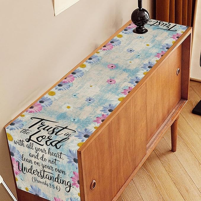 Daisy Flower Table Runner, Colorful Farmhouse Rustic Daisy Flower Print Linen Coffee Table Center Decor for Home Kitchen Dining Patio Holiday Party Indoor Outdoor Table Decorations 13x36 inch
