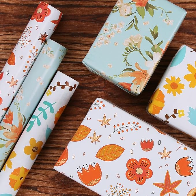 Aimyoo Floral Wrapping Paper Jumbo Roll 17 in x 60 ft, Blue Orange Flower Gift Wrap for Wedding Bridal Shower Birthday