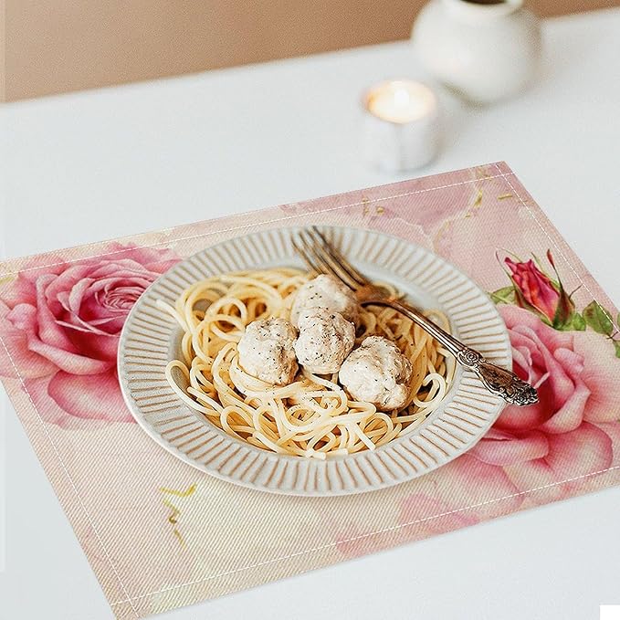 Pink Flower Placemats Set of 4, 17x12 Inch Romantic Watercolor Floral Rose Print Table Mats for Home Party Kitchen Dining Decor