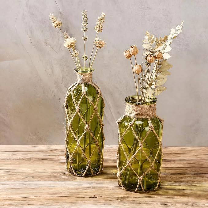 Chuangdi Set of 2 Coastal Glass Vases for Flower Small Flower Vase with Boho Rope Wrapping Beach Decorative Bottle for Coastal Nautical Table Centerpiece Wedding Floral Arrangement Decor(Olive Green)