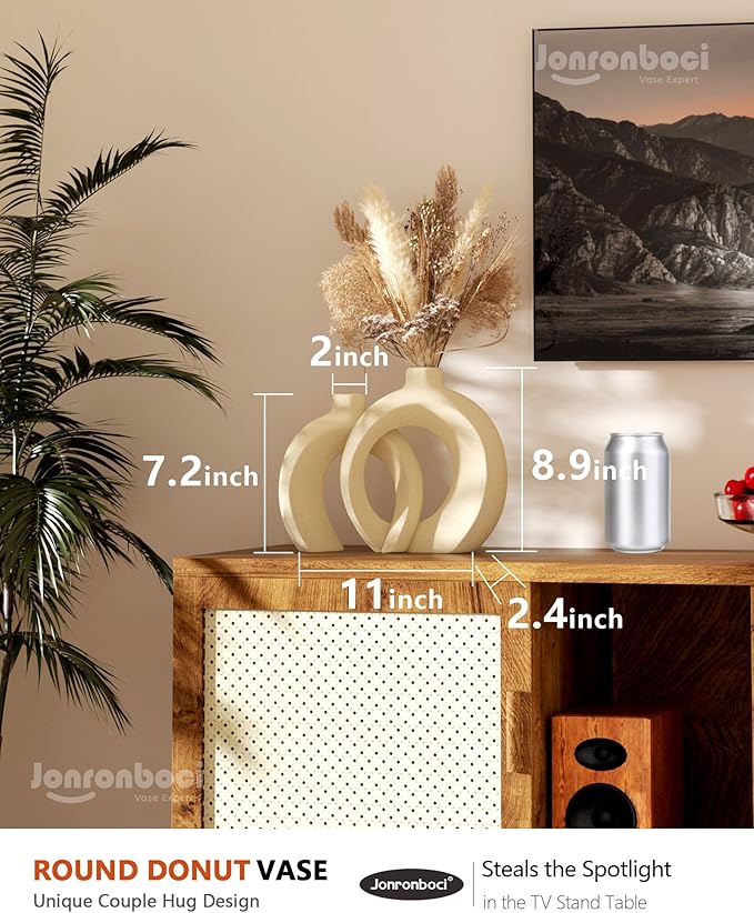 Beige Ceramic Decor Vase Set of 2 - Modern Boho Donut Decorative Vases for Home Entry Way Console Table Decor, Shelf Bookshelf Mantel Decorations, Kitchen Dining Table Centerpiece (Matte Cream White)