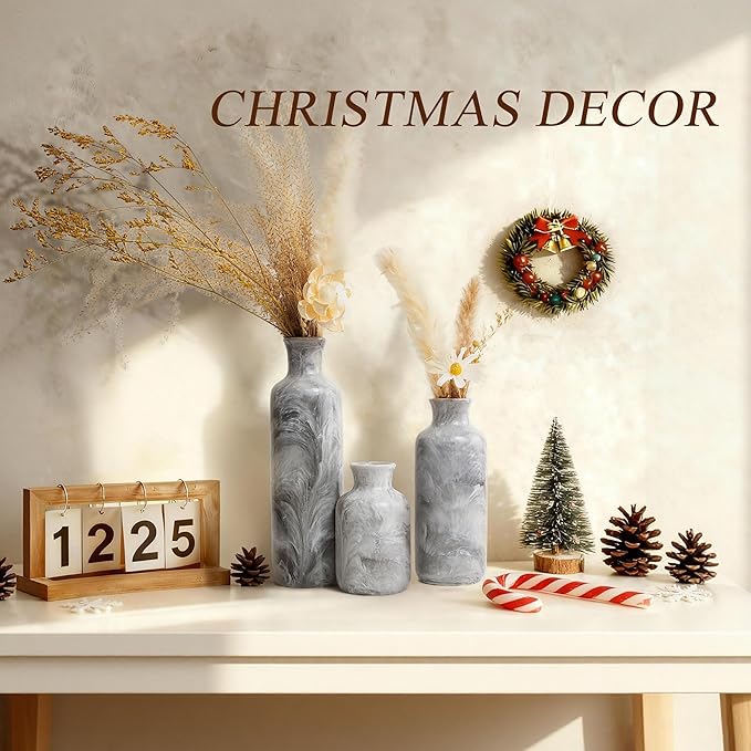 Resin 3 Piece Vase Set, Farmhouse Decor, Home Decorative Vase, Vases for Your Kitchen, Bedroom, Office, Living Room, Bathroom, & Shelf Centerpiece Table Decorations, Grey