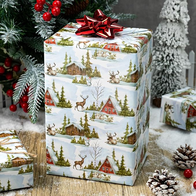 MAYPLUSS Christmas Wrapping Paper Roll - 17 In x 33 Feet - Cute Watercolor Christmas Tree Reindeer Log Cabin Gift Wrap Paper for New Year, Holiday, Kids