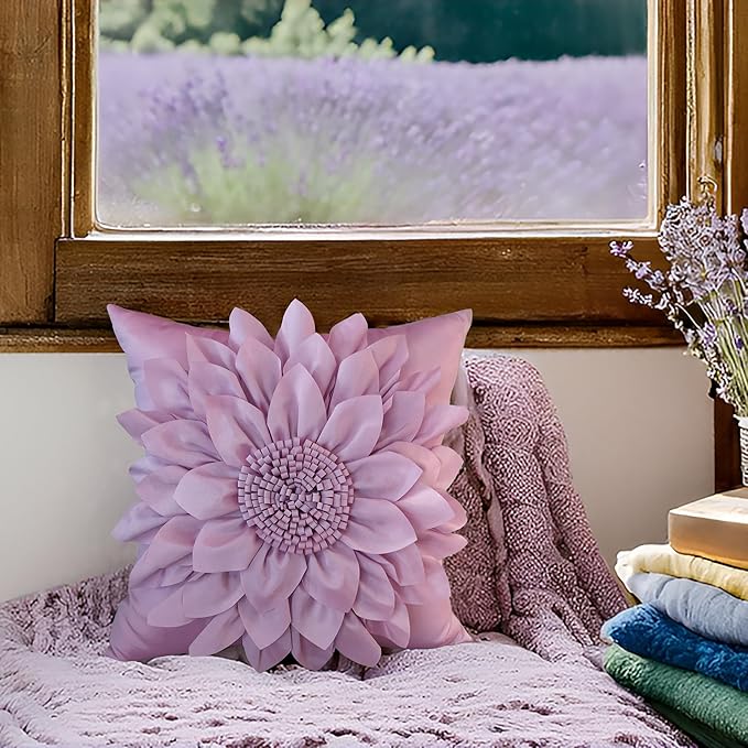 Bella's Giftshop 3D Sunflower Decorative Throw Pillow Covers for Bed Sofa Couch Car, Accent Floral Taffeta Cushion Cover, Handmade Pillow Cases Living Room Decor, 17x17 Inch-Purple/Lavender