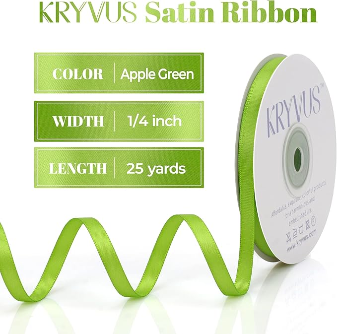 Apple Green Satin Ribbon, Double Faced 1/4 Inch X 25 Yards Apple Green Ribbon, Premium Satin Ribbon for Gift Wrapping, Crafts, Hair Bow Making, Sewing, Flower Bouquet, Wedding Party Decor