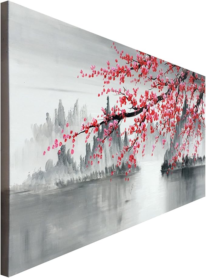Handmade Traditional Chinese Oil Painting Pink Plum Blossom Canvas Wall Art Modern Black and White Landscape Artwork