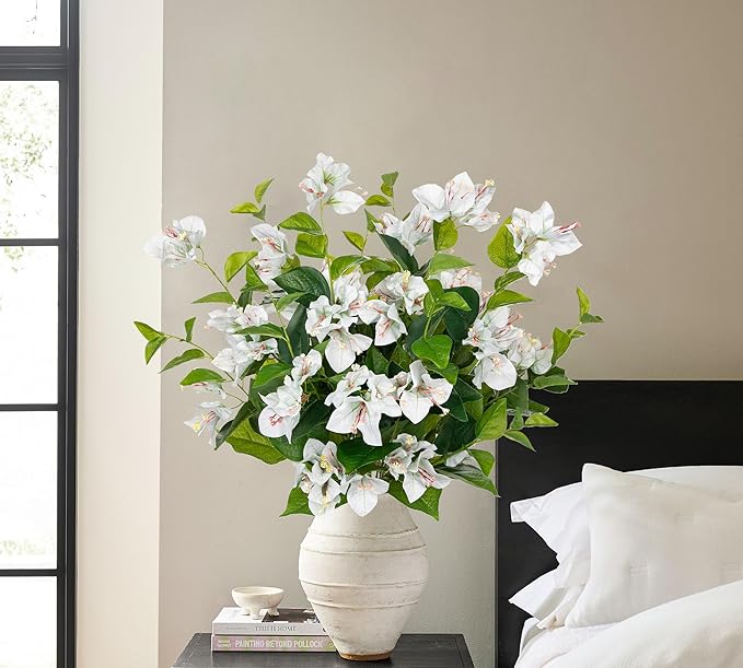 Hollyone 2Pcs Bougainvillea Artificial Flowers Bouquets White Fake Flower Silk Flowers with Long Stem Floral Arrangements Faux Bougainvillea Flower Plant for DIY Wedding Party Centerpieces Home Decor