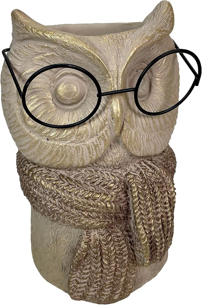 Bespectacled Owl Cement Vase 8.25 Inch – Whimsical Animal Planter with Real Glasses, Knit Textured Scarf, and Gold Metallic Accents, Distressed Taupe Finish, Unique Indoor Decor Gift