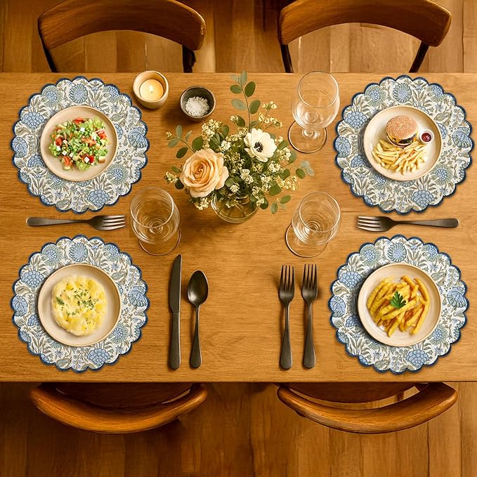 Ridhi Bo-ho Round Place Mat Easter Floral Cotton Washable Placemats 15" Round Embroidery Block Print Table Mat (Pack of 4-15 Inch Round, Asparagus Green)