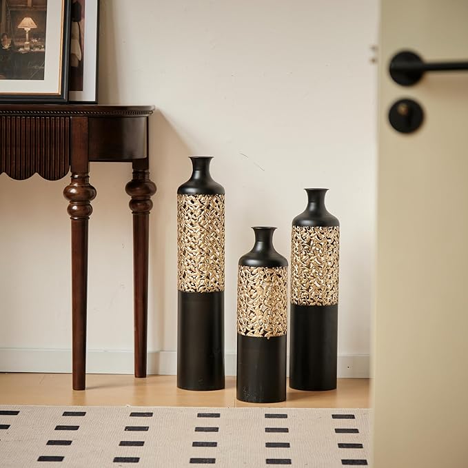 Floor Oversized Gold Metal Decorative Vase with 3D Triangle Pattern Set of 3 Large Vases for Home Living Room 33.5 ", 29.5 ", 25.2" High (Black)