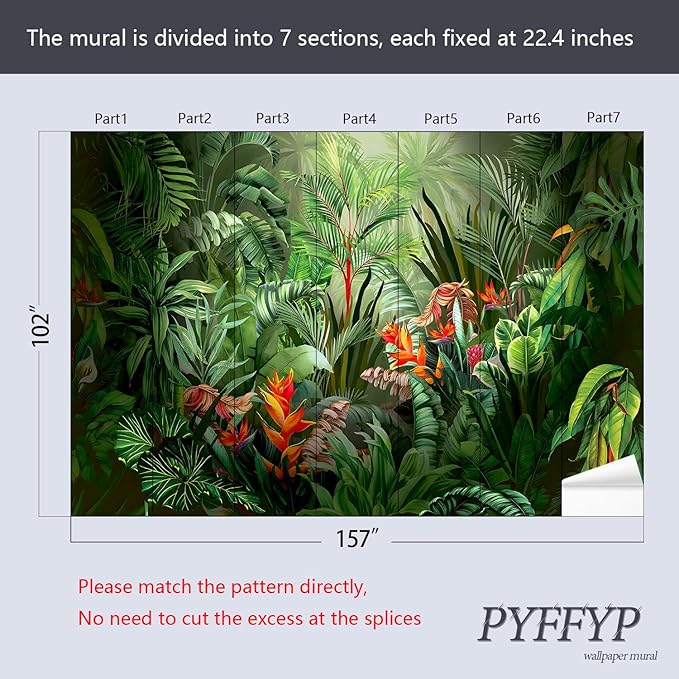PYFFYP- Tropical Jungle wallppaper Green Leaf Jungle Wall murals for Bedroom(Not Peel and Stick)