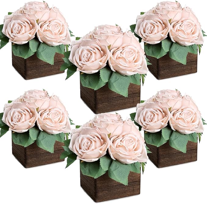 Dining Table Centerpiece Set of 6 - Pre-Made Aritifial Rose with Wooden Vase Fake Floral Arrangment Faux Flower for Wedding Bridal Tea Party Event Decorations - Boho