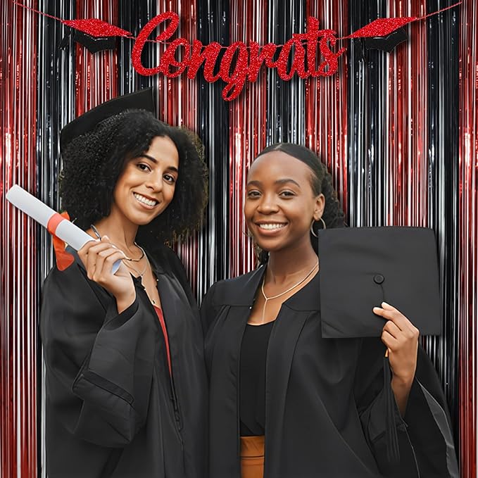 BRAVESHINE Tinsel Photo Backdrop Curtains - 2 Pack 3.2x8.2ft Black Red Foil Fringe Streamer Curtain for Christmas/New Years/Birthdays/Bachelorette/Home/Office/Indoor/Outdoor Party Supplies Decorations