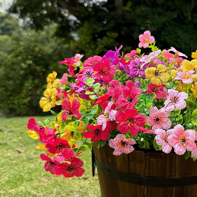 12 Bundles Artificial Flowers for Outdoor,No Fade UV Resistant Fake Flowers,Faux Plants for Outside Hanging Planters,Artificial Plants for Indoor Porch Garden Home Wedding Decor(4 Color)