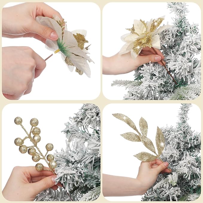 60 Pcs Christmas Glitter Branches 6 Styles Artificial Christmas Picks Berries Stems Poinsettia Flowers Pine Needles Floral Twig Spray for Xmas Tree Ornaments DIY Wreath Garland(Gold)