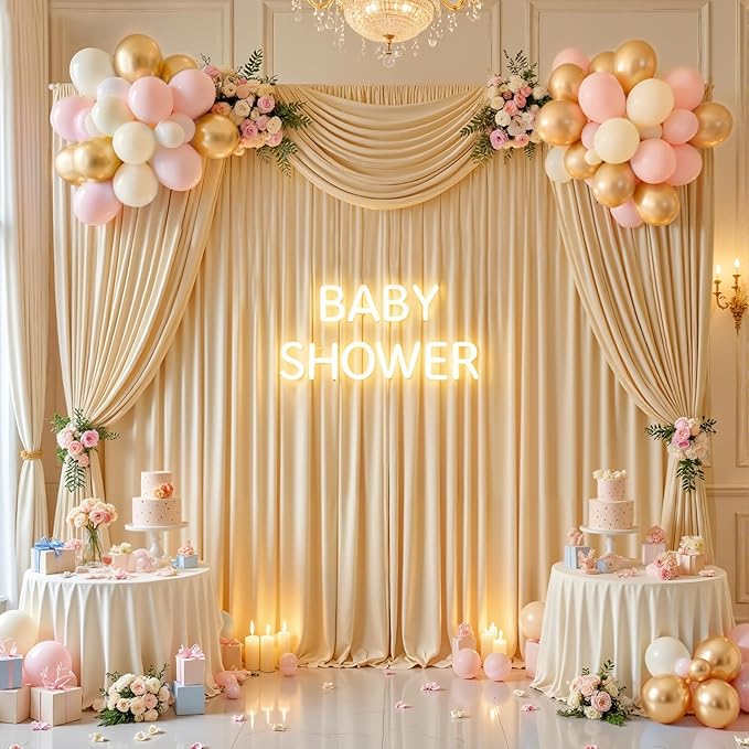 gogoparti 20ft x 12ft Beige Wrinkle-Free Backdrop Curtain for Wedding Parties, Thick Polyester 4 Panels 5x12ft for Wedding Birthday Baby Shower Halloween Photography Party Background