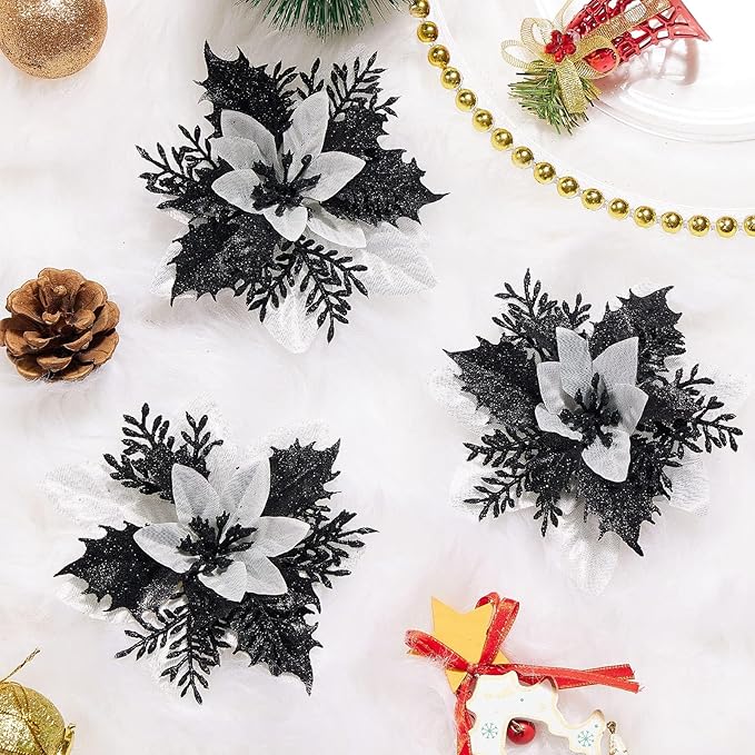 15Pcs Christmas Poinsettia Artificial Flowers Decorations, Glitter Poinsettia Christmas Tree Ornaments, Black Tree Flowers for Xmas/Wedding/Holiday/Wreath/Garland Decor, with Cilps, 5.5 Inch