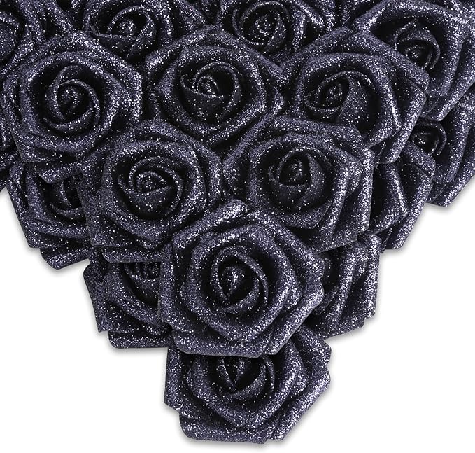 IPOPU Black Glitter Roses,50PCS Fake Roses Glitter Flowers for Crafts DIY Wedding Bouquet Home Party Decoration(Black)