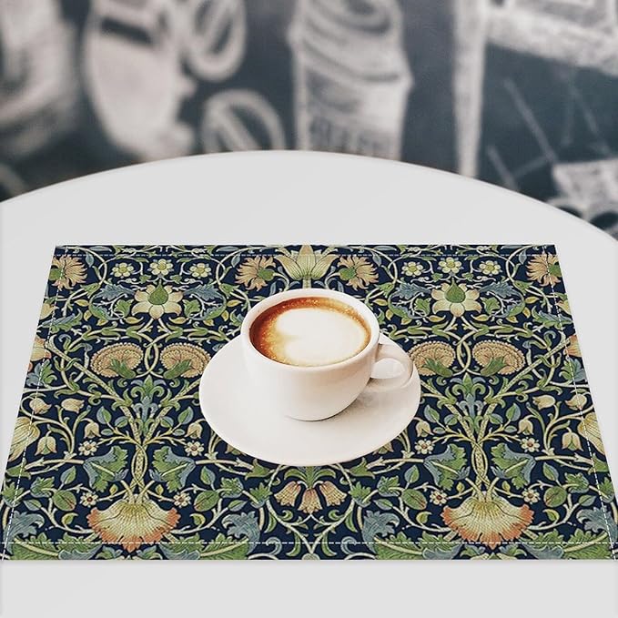 William Morris Flower Placemats Set of 6, Vintage Botanical Plant Place Mats, Heat Resistant Non Slip Cotton Linen Dining Table Mats for Home Kitchen Party 18x12 Inch