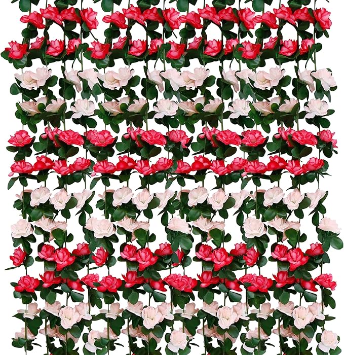 12 PCS 98.4 FT Artificial Flower Garland Pink Rose Garland for Wedding Room Decor（12,Pink）